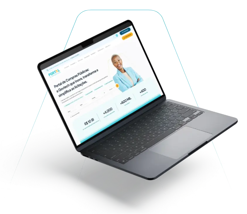 Notebook aberto em perspectiva diagonal, com a tela exibindo uma página do portal de compras públicas.